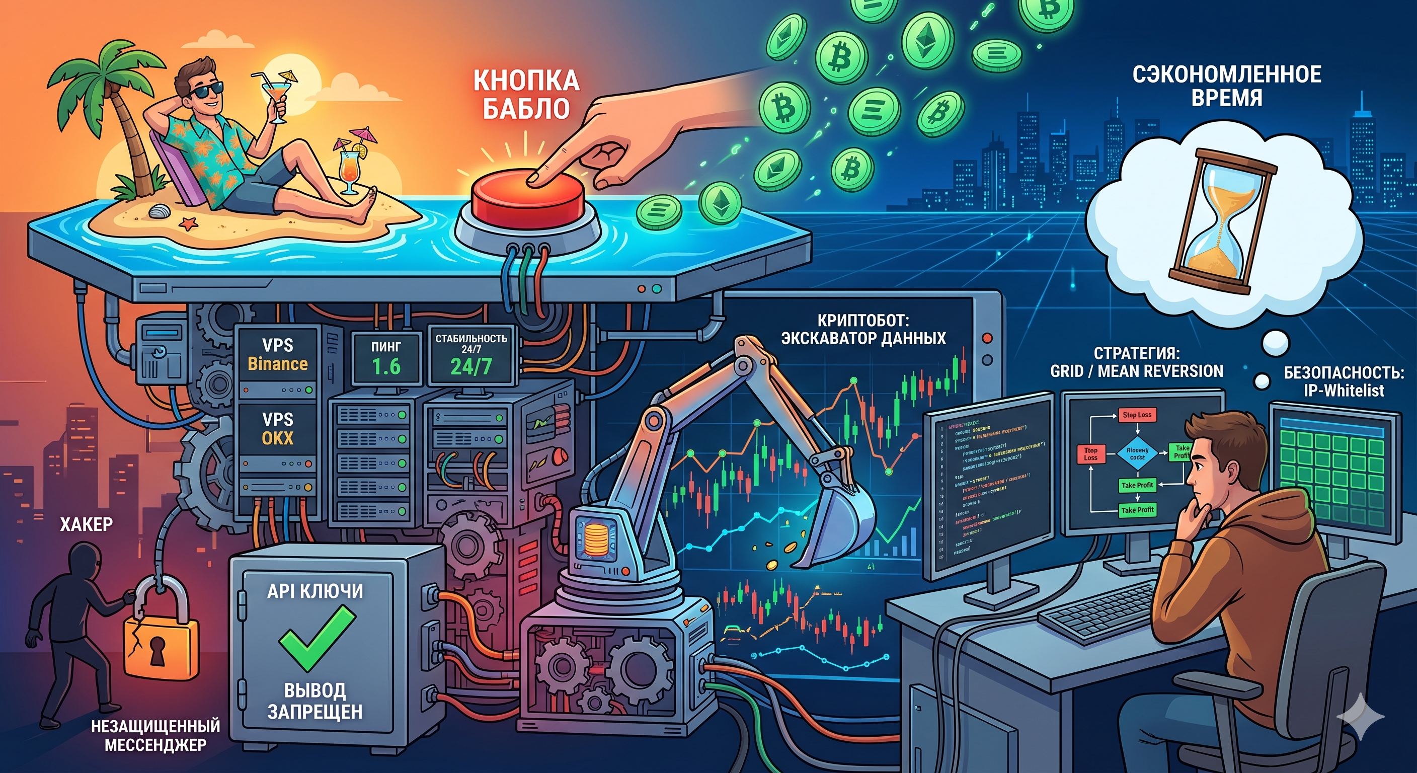 Illustration: the money-button illusion, the crypto-bot as a data excavator, API key security