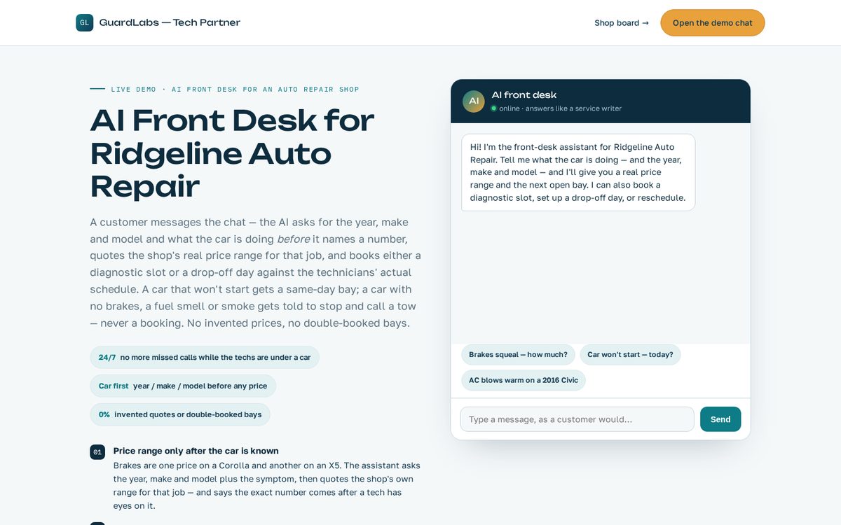 AI Front Desk — Live Demo for an Auto Repair Shop | GuardLabs