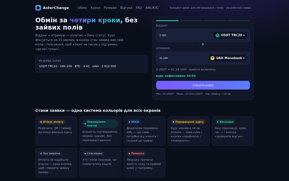 AsterChange — an Exchange screen and request-status concept
