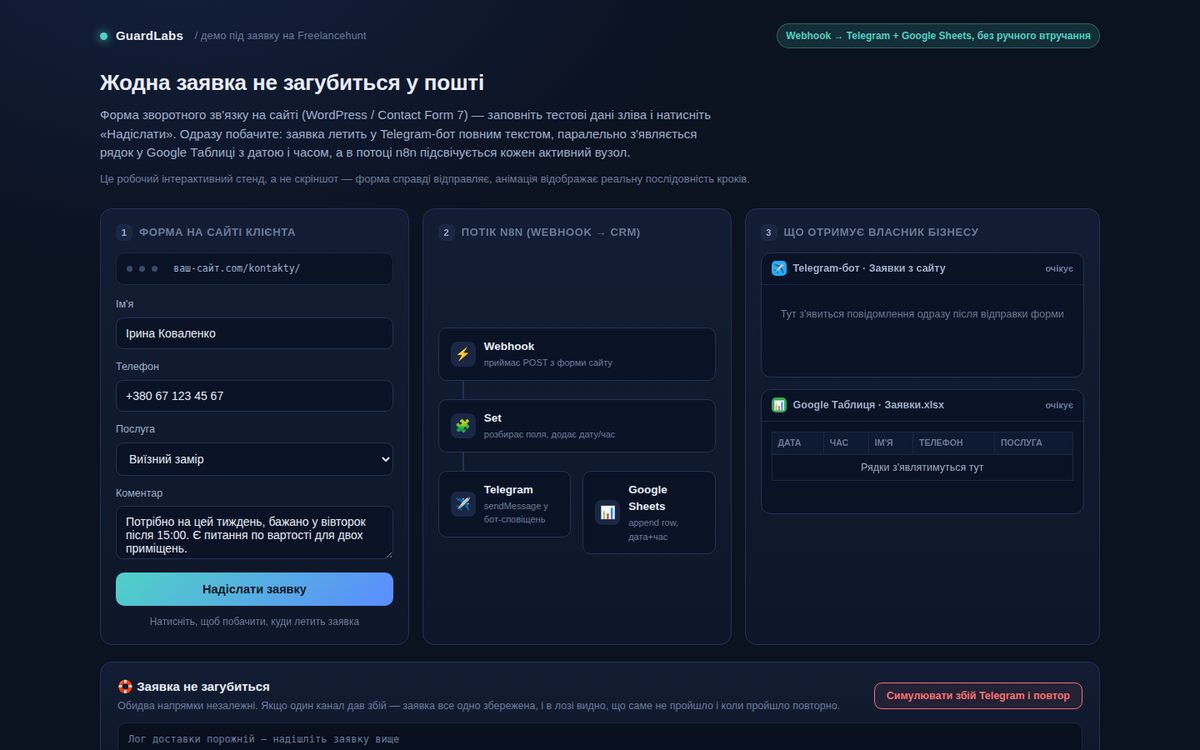 Website form → Telegram + Google Sheets — demo