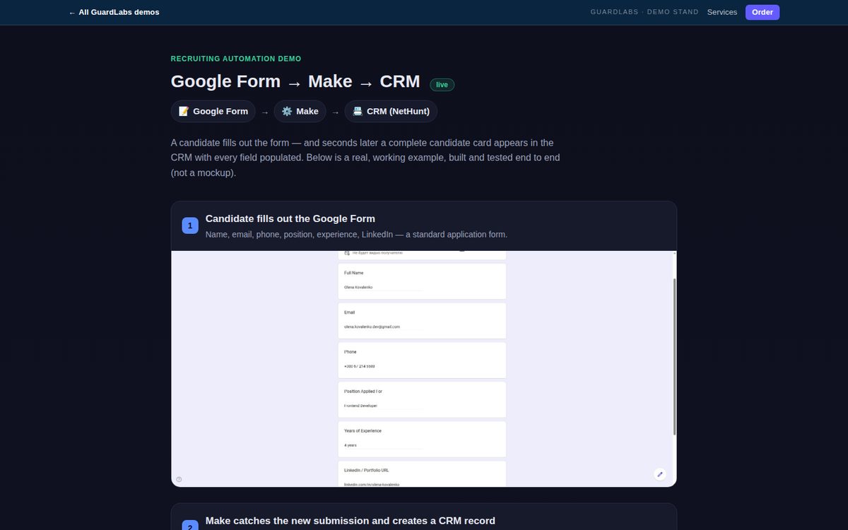 CRM de reclutamiento — Google Form → CRM (Make)