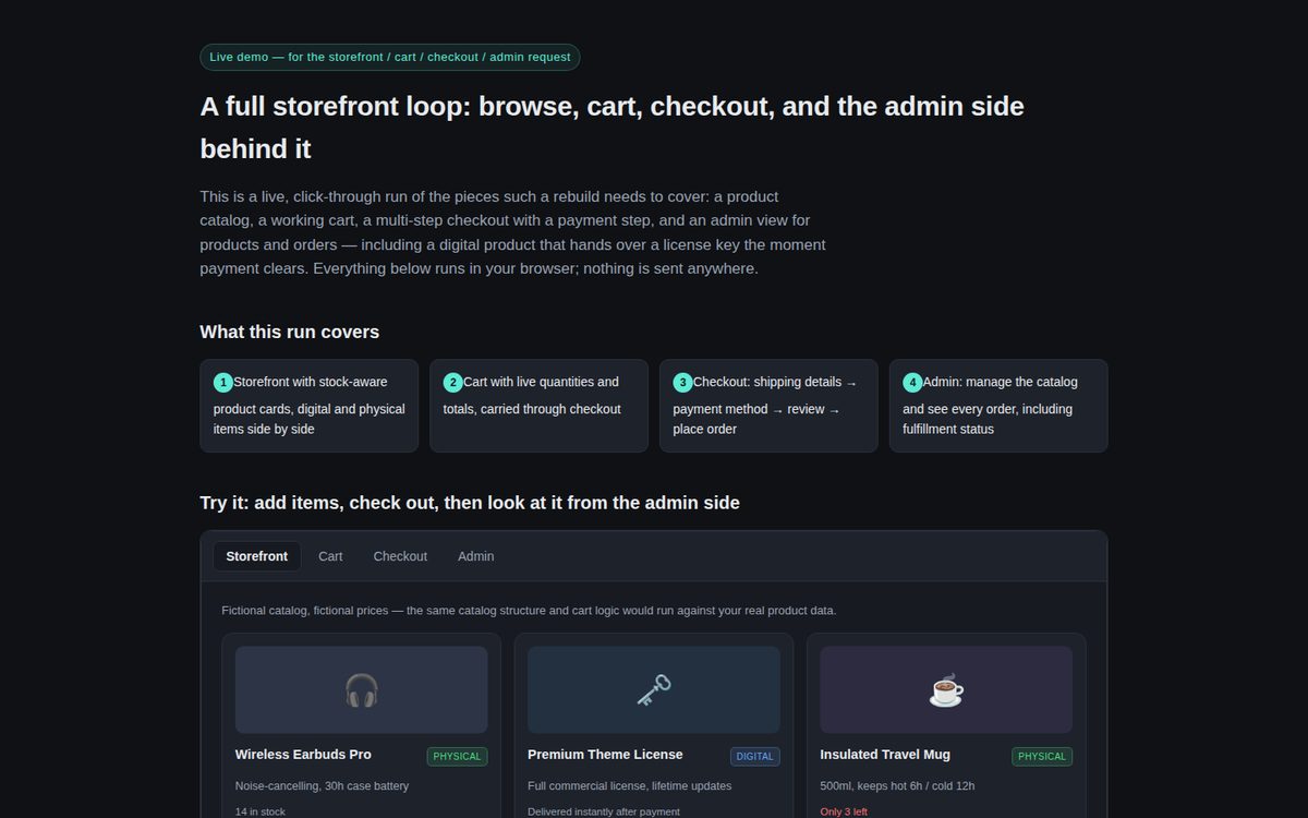 Tienda, checkout y admin — demo en vivo
