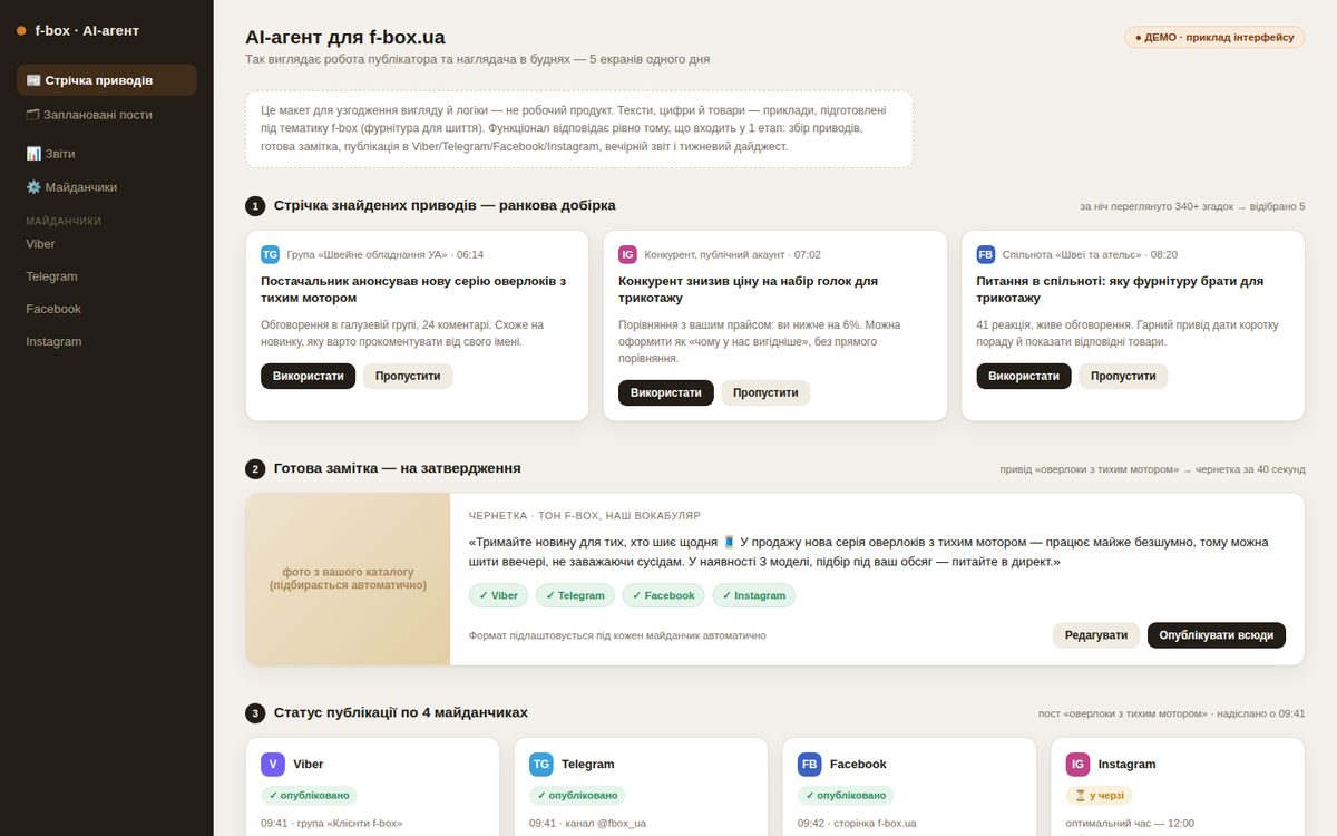 Agente IA para f-box.ua — ejemplo de interfaz