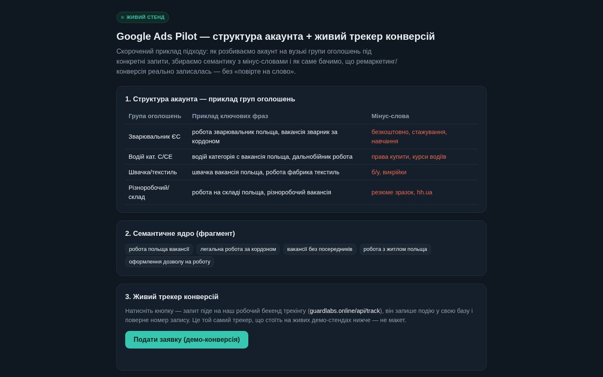 Google Ads Pilot — account structure and conversion tracker