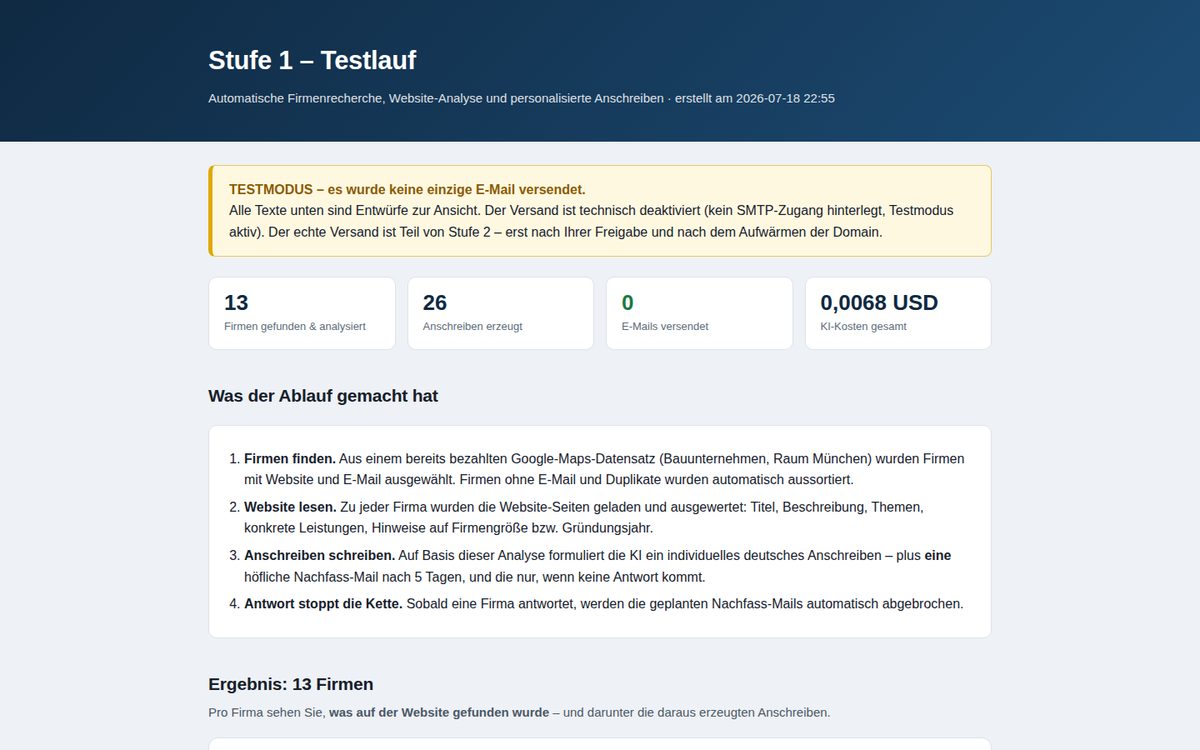 KI-Outreach — stage 1 test run (DE)