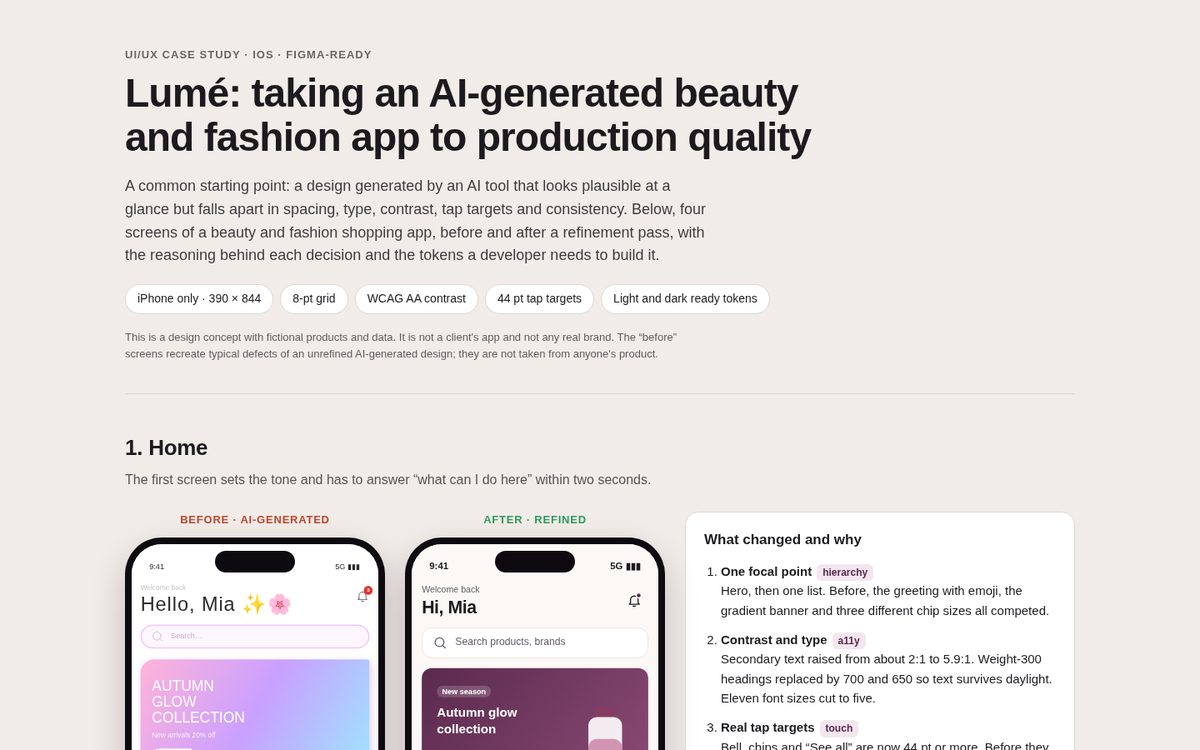 Lumé: iPhone app redesign, before and after
