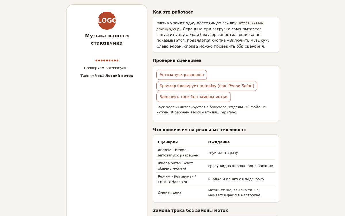 NFC-стаканчик: страница с музыкой