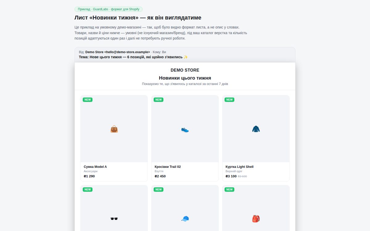 Письмо «Новинки недели» — пример для Shopify