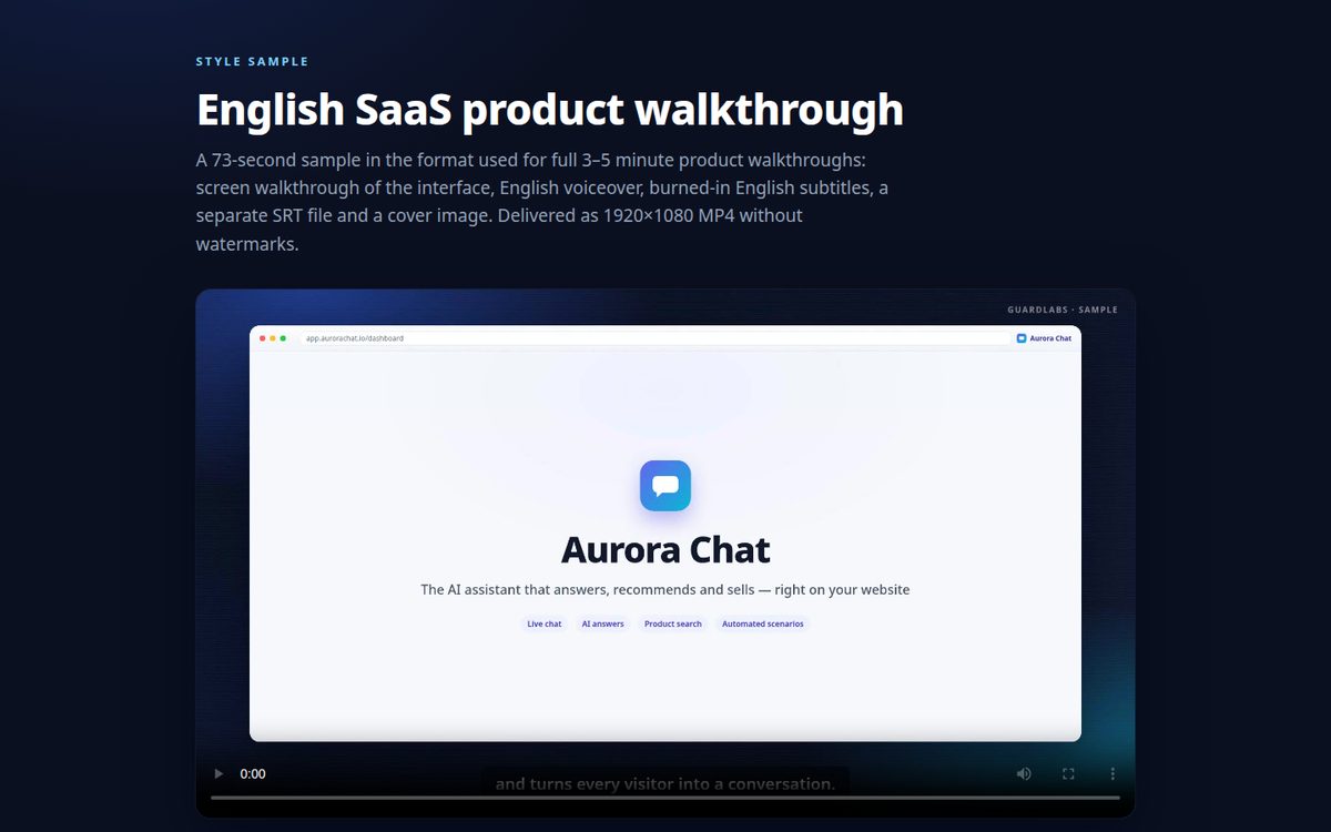 Recorrido de producto SaaS — muestra con voz en inglés