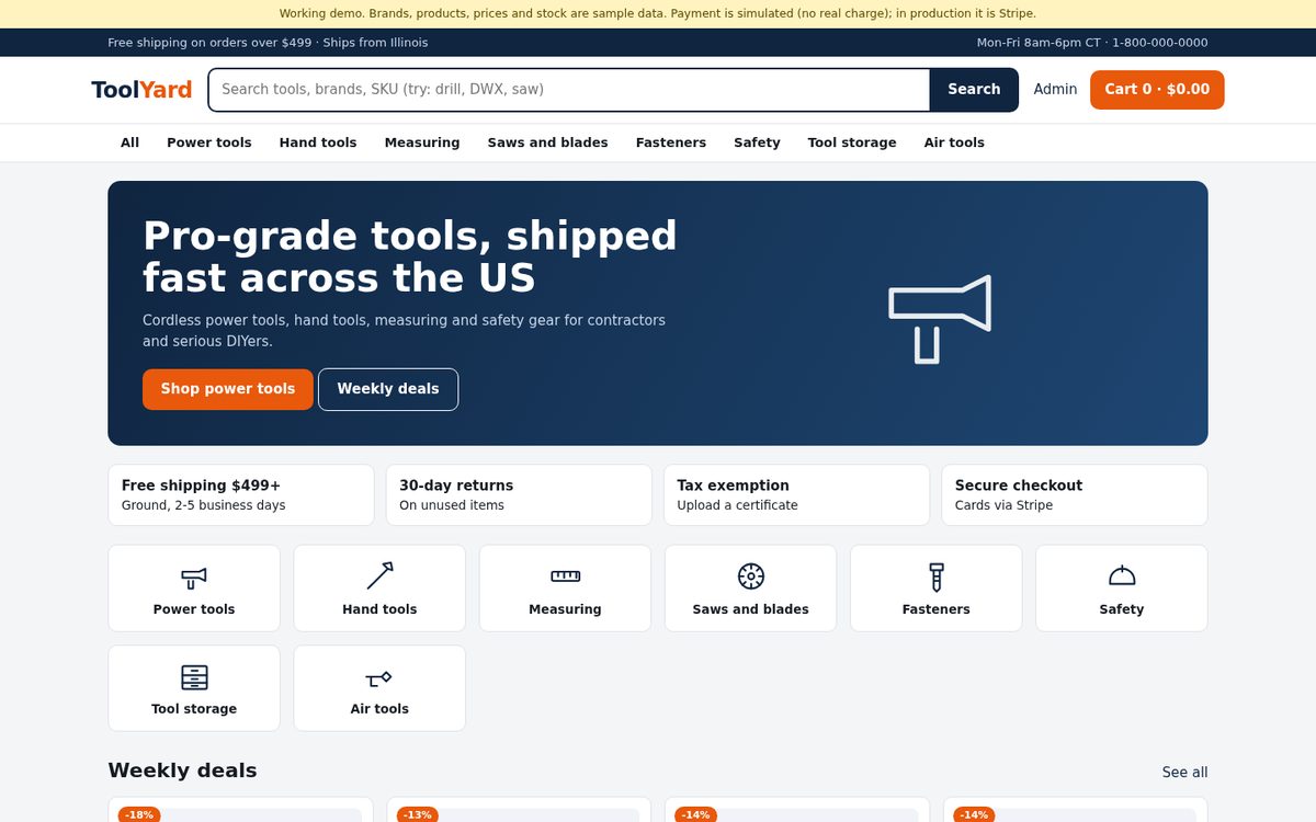 Professional tools and equipment store: catalog, cart, checkout, admin demo