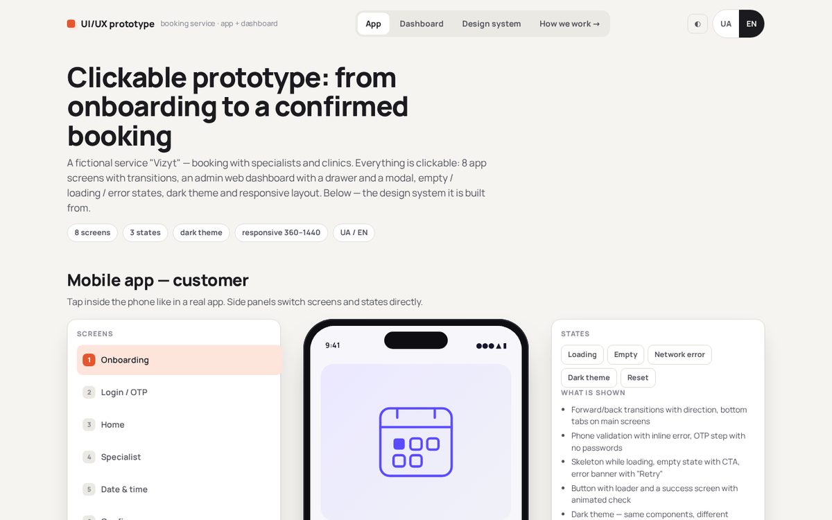 UI/UX prototype: mobile app + web dashboard (clickable, 8 screens, states, dark theme)