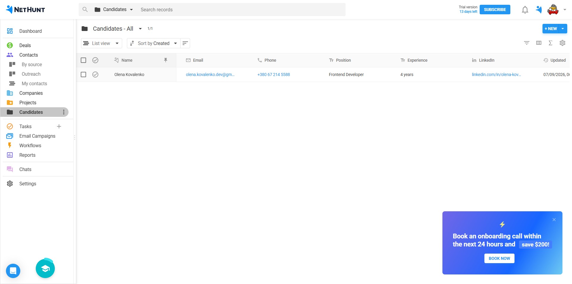NetHunt CRM — candidate list