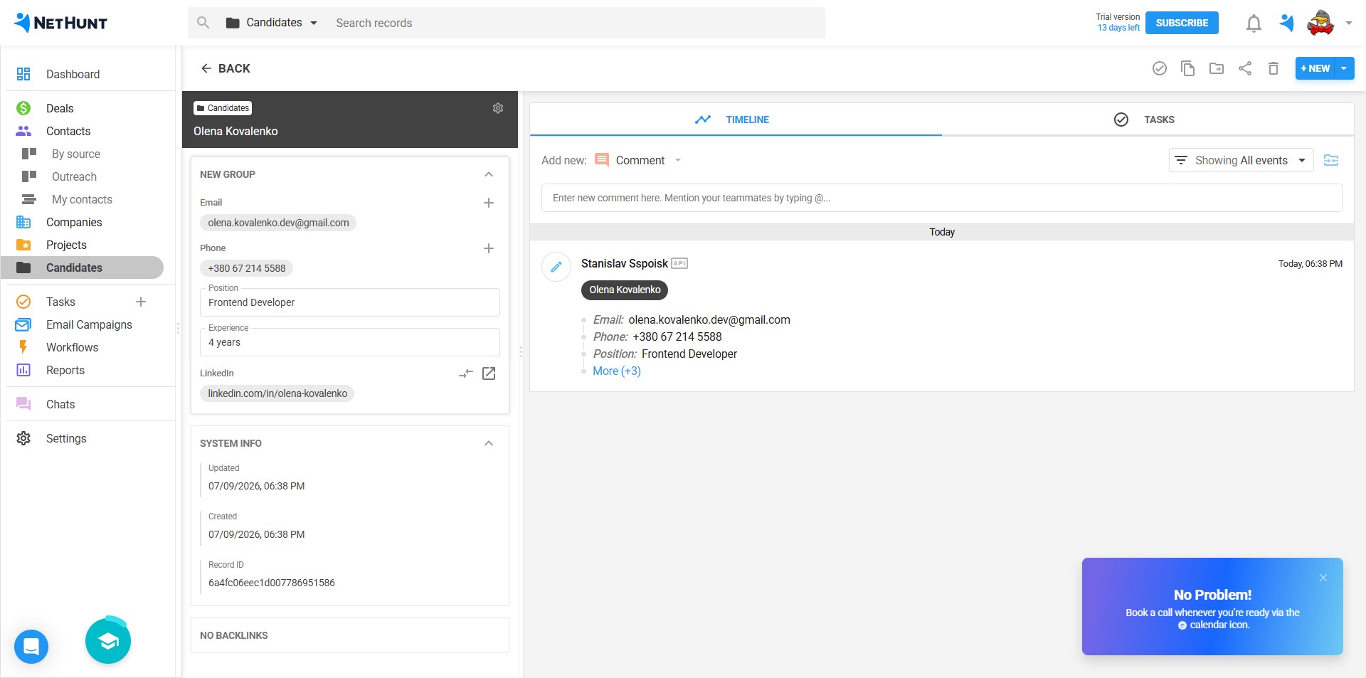 NetHunt CRM — картка кандидата Olena Kovalenko