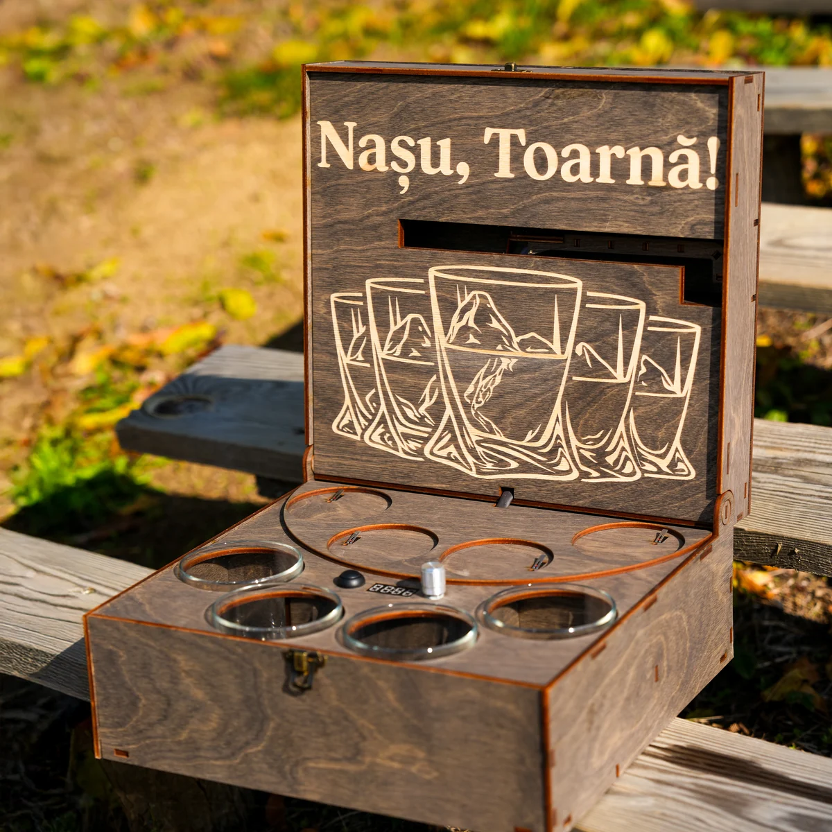 Наливатор DrinkMaker на 6 рюмок с гравировкой Nasu Toarna на осенней скамейке