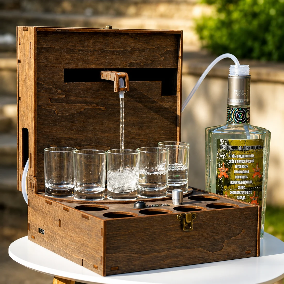 Наливатор DrinkMaker на белом столике в саду, стаканы наполняются
