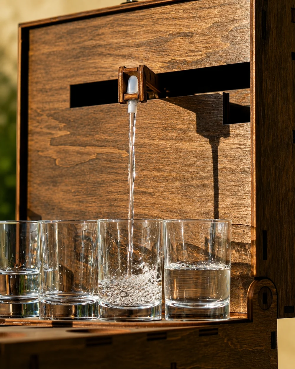 Струя из крана наливателя DrinkMaker наполняет стакан, рядом стоят остальные