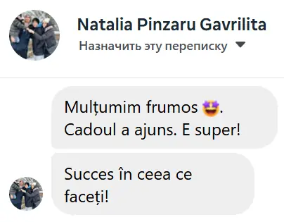 Отзыв покупателя DrinkMaker — Natalia Pînzaru Gavrilița: «Mulțumim frumos. Cadoul a ajuns. E super! Succes în ceea ce faceți!»