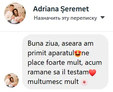 Отзыв покупателя DrinkMaker — Adriana Șeremet: «Buna ziua, aseara am primit aparatul, ne place foarte mult, acum ramane sa il testam, multumesc mult»