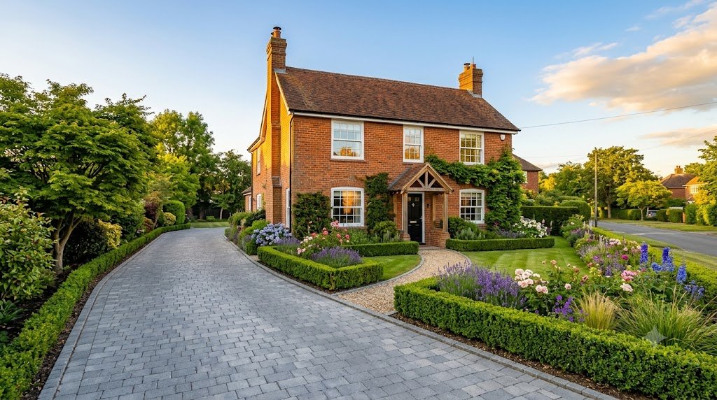 Newly landscaped British home with a block paving driveway and neat garden borders