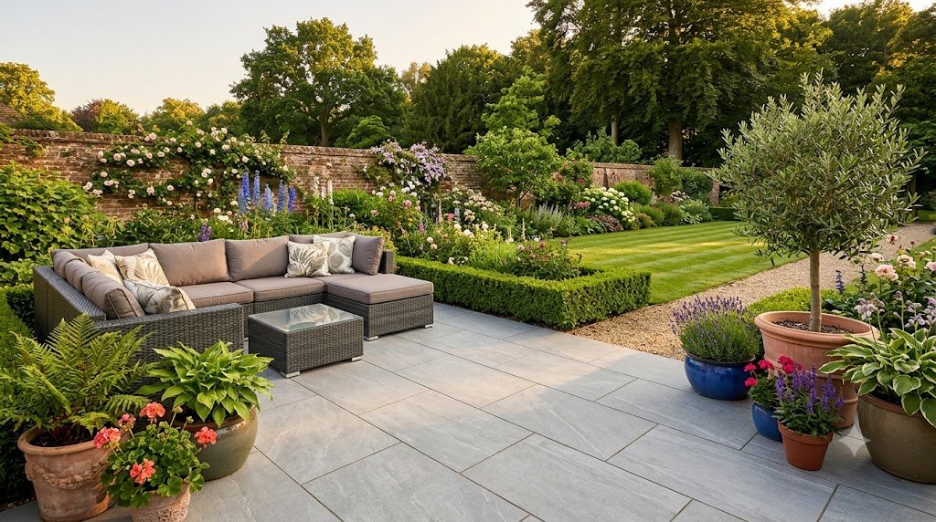 Newly installed porcelain patio with garden furniture