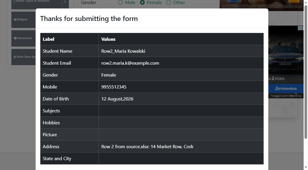 Confirmation screen after submitting row 2